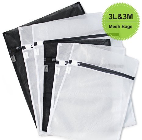 HOPDAY Delicates Mesh laundry Bags, Super Premium Quality Bra lingerie Protection Washing Drying Bag with Rust Proof Flow Zipper, Set of 6 (3 Medium & 3 Large)-Black & White
