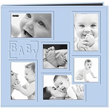 Pioneer 12-Inch by 12-Inch Collage Frame Embossed "Baby" Sewn Leatherette Cover Memory Book, Baby Blue