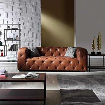 Large Tufted Real Itlian Leather Chesterfield Sofa, Classic Living Room Couch (Light Brown)