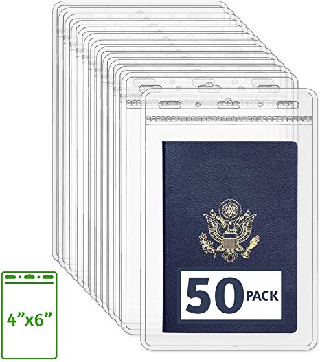 EcoEarth Passport Holder (Clear, 4x6 Inch, 50 Pack), Extra Large Vertical ID Holder, Zipperless Plastic Badge Holders