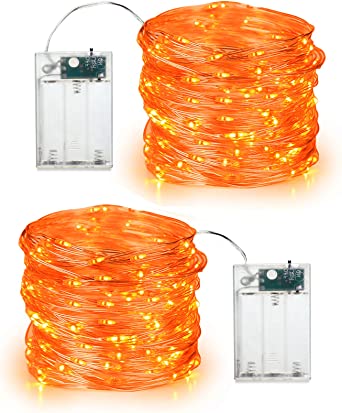 Brizled Halloween Orange Fairy Lights, 19.47ft 60 LED Halloween Lights String, 2 Modes Battery Orange Halloween Lights Silver Wire Indoor Orange Mini Lights for Halloween Party Carnival Decorations