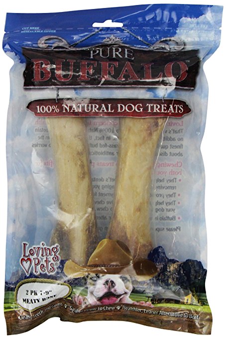 Loving Pets Pure Buffalo 7 to 9-Inch Meaty Femur Bone Dog Treat, 2-Pack