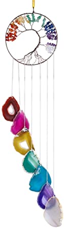 rockcloud 7 Chakra Tree of Life Wall Hanging Wind Chimes with Agate Slices Pendants Ornament Windows Hanging Ornament for Home Garden Decor, Colorful