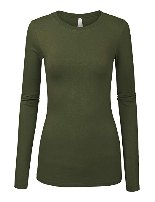 Womens Junior Basic Solid Multi Colors Slim Fit Long Sleeve Round Neck Top