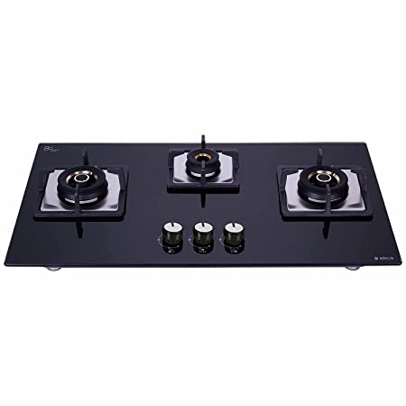 Elica Hob 3 Burner Auto Ignition Glass Top - 2 Double Ring Brass Burner and 1 Mini Triple Ring Brass Burner Gas Stove (Flexi AB Hct 375 Dx), Black