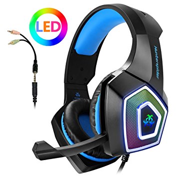 Gaming Headset with Mic for Xbox One PS4 PC Nintendo Switch Tablet Smartphone, Headphones Stereo Over Ear Bass 3.5mm Microphone Noise Canceling 7 LED Light Soft Memory Earmuffs(Free Adapter)