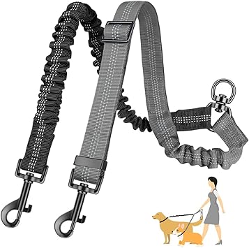 AUTOWT Two Dog Lead, 2 in 1 Upgraded Double Dog Leash Attachment Combine Adjustable Strap and Shock Absorbing Bungee No Tangle Dual Training Splitter for Medium Large Dogs (Black & Grey)