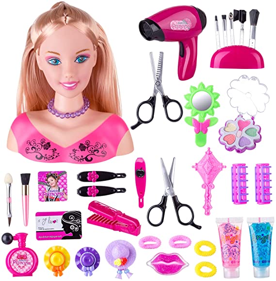 HMANE Styling Head Doll for Girls, 34Pcs Deluxe Hairstyle Head Makeup Toys Styling Doll Head with Hair Dryer Accessories Girls