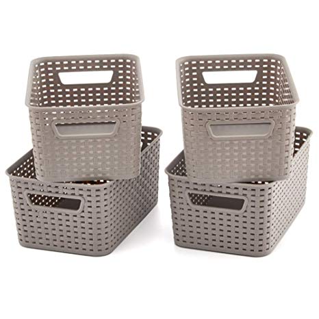 EZOWare Small Gray Plastic Knit Shelf Storage Organizer Baskets Perfect for Storing Small Household Item - Pack of 4