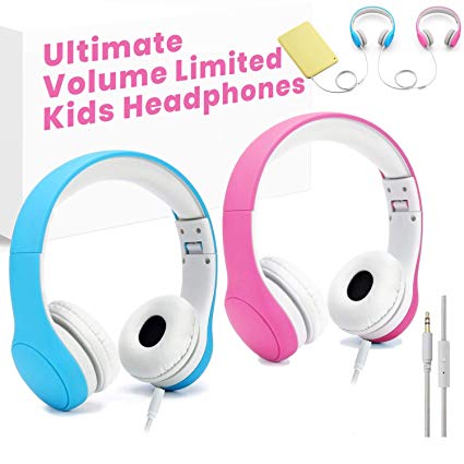 [Volume Limited] KPTEC Kids Safety Foldable On-Ear Headphones with Mic, Volume Controlled at Max 93dB to Prevent Noise-induced Hearing Loss (NIHL), Passive Noise Reduction, Wired Earbuds,Blue & Pink