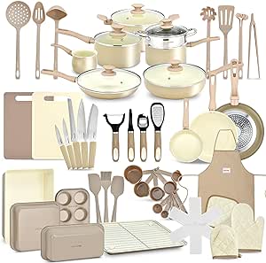 Nutrichef 54-Piece Marble Non-Stick Cookware and Bakeware Set, Professional Home Kitchen Collection with Multi-Sized Pots, Pans, and Heat-Resistant Tools