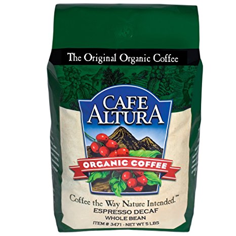 Cafe Altura Whole Bean Organic Coffee, Espresso Roast Mountain Water Decaf, 5 Pound