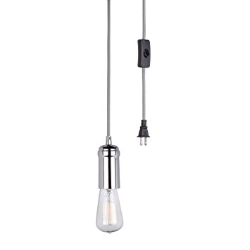 Globe Electric 1-Light Vintage Edison Plug-In Mini Pendant, Gray Designer Woven Fabric  Cord, Chrome Finish Socket, In-Line On/Off Rocker Switch, 1x A19 60W Bulb (sold separately), 12591