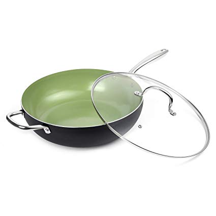 MICHELANGELO 13.5 Inch Woks and Stir Fry Pans, Green Wok with Lid, Large Nonstick Wok Pan with Lid, Induction Wok with Lid, Large Nonstick Wok Flat Bottom - 13 Inch