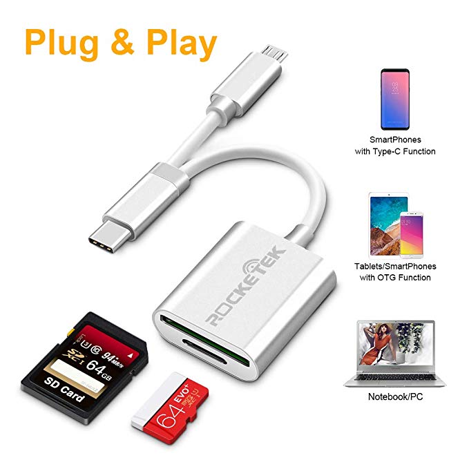 USB C to SD Card Reader,Rocketek Type C Micro USB to USB OTG Adapter, 4 in1SD/Micro SD Memory Card Reader for Android Smart Phones/Tablets with OTG Function