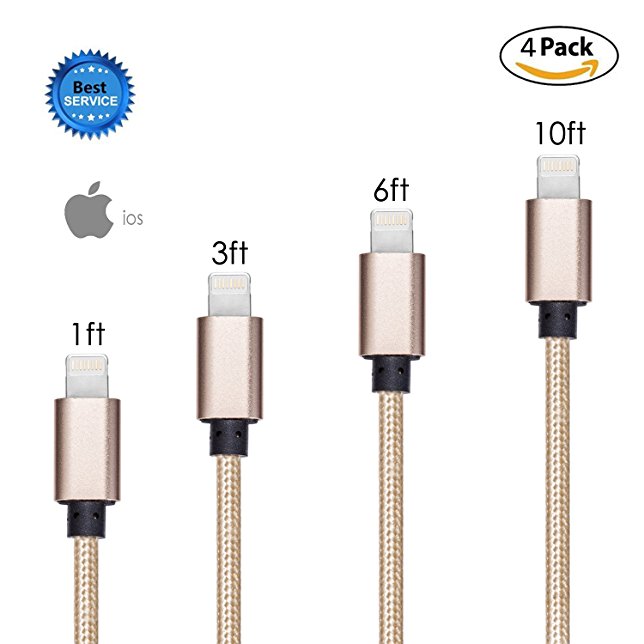 GOPROOF 1FT 3FT 6FT 10 FT (each 1pcs) Nylon Lightning Cable USB Charging Cable Cord Charger for iPhone 7,7 Plus,6S,6 Plus,SE,5S,5,iPad,iPod Nano 7 (gold)
