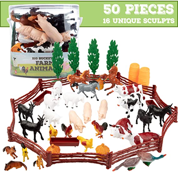 SCS Direct Farm Animal Action Figures - Big Bucket of Farm Animals - 50Piece in Set!