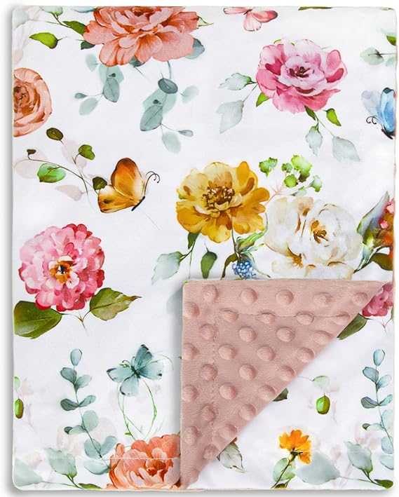 BORITAR Elegant Floral Baby Blanket for Girls Soft Plush Minky Blanket with Double Layer Dotted Backing, Multicolor Butterfly & Gentle Floral Printed 30x40 Inch(75x100cm)
