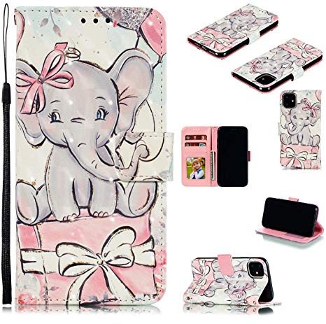 StarCity iPhone 11 Case, [Kickstand Feature] 3D Folio Flip Wallet Case with Wrist Strap/Card Slots/Side Pocket for iPhone 11 (Elephant)