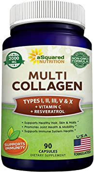 Multi Collagen Capsules with Vitamin C & Resveratrol - Collagen Pills (Types I, II, III, V & X) - Collagen Peptides Protein Powder Supplement to Support Hair, Skin, Nails, Joints & Anti-Aging