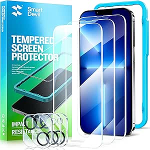 SmartDevil 3 Pack Screen Protector for iPhone 13 with 3-Pack Camera Lens Protector, 9H Clear Tempered Glass Film [Military Grade Shatterproof], Alignment Frame [Easy Installation]