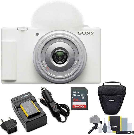 Sony ZV-1F Vlog Camera for Content Creators and Vloggers (White) Bundle with Holster Camera Case and Accessory Bundle, Photo Video Art Suite, 64GB Memory Card and Lithium-Ion Battery Pack (5 Items)