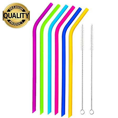 REGULAR SIZE Silicone Straws for 20 and 30 oz Yeti/Rtic Tumbler- Extra Long Flexible Curved Drinking Straws with Cleaning Brushes Bundle 6 Pack- Reduce Plastic Pollution