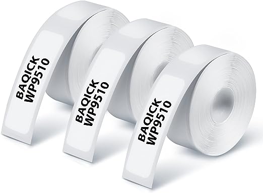 BAQICK WP9510 Label Maker Tape, Self-Adhesive, Waterproof, Black on White, 12x40mm(0.47" x 1.57"), 160 Tapes/Roll (3-Roll Pack)