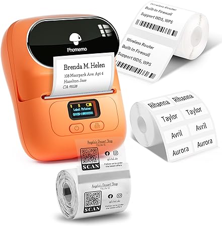 Phomemo M110 Label Printer - Bluetooth Portable Label Maker No Ink, Mini Barcode Label Printer for Retail, Address, Barcode, Home,for PC/Mac, iOS/Android, with 3pack Most Used Labels,Sunset Orange