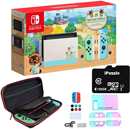 Nintendo Switch Animal Crossing: New Horizons Edition with Green and Blue Joy-Con - 6.2" Touchscreen LCD, 32GB Internal Storage, 802.11AC WiFi, Bluetooth 4.1-128GB SD Card   11-in-1 Carrying Case