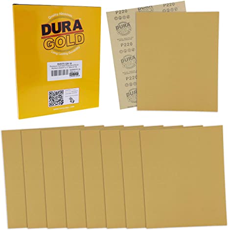 Dura-Gold Premium Sandpaper - 220 Grit - Full Size 9" x 11" Sheets, Wood Workers Gold, Plain Backing - Box of 10 Sheets - Hand Sand Block Sanding, Cut for Use On 1/4, 1/3, 1/2 Sheet Finishing Sanders