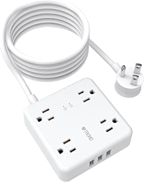 TROND 15ft Long Extension Cord Indoor, Surge Protector Power Bar Flat Plug, 4 Widely-Spaced Outlets 3 USB Ports, 1440 Joules Small Power Strip Wall Mount for Home, Office, Dorm Room Essentials, White