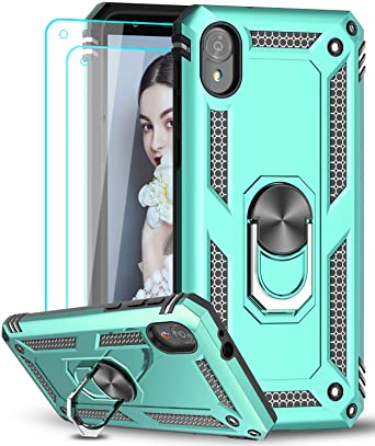 Motorola Moto E6 Case with [2 Pack] Tempered Glass Screen Protector, LeYi [Military-Grade] Defender Protective Phone Case with Magnetic Car Ring Holder Mount Kickstand for Motorola E6, Mint