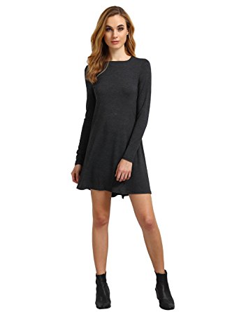 ROMWE Solid Long Sleeve Simple Classical High Low Casual Dress