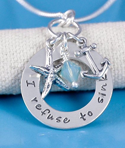 I refuse to sink hand stamped sterling silver washer with anchor charm, starfish, and sterling silver wrapped aqua crystal.