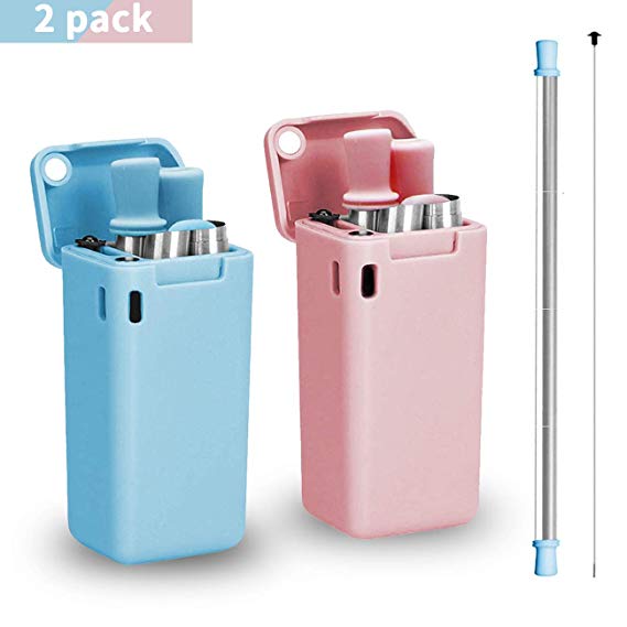 NUTRI Collapsible Reusable Stainless Steel Premium Folding Drinking Straws Keychain Portable with Hard Case Holder & Cleaning Brush (2Pack,Blue & Pink), 9in, Blue&Pink
