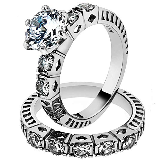 3.10 Ct Round Cut Zirconia Stainless Steel 316 Wedding Ring Band Set Size 5-10