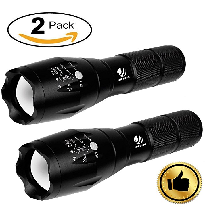 Tactical Flashlight, YIFENG High Powered XML T6 LED Handheld Torch - Outdoor Portable Water Resistant Tac Light with Adjustable Focus and 5 Light Modes for Camping Hiking Emergency (2 pack)