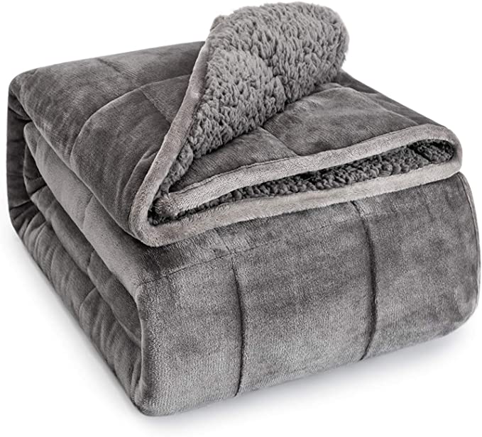 BUZIO Sherpa Fleece Weighted Blanket 15 lbs for Adult, Unicolor Ultra-Soft Fleece and Sherpa, Dual Sided Cozy Plush Blanket for Sofa Bed, 48 x 72 inches, Grey