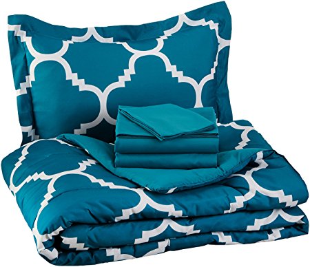 AmazonBasics 5-Piece Bed-In-A-Bag - Twin/Twin Extra-Long, Teal Trellis