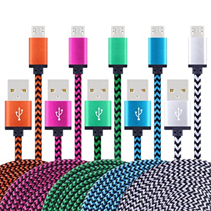 Android USB Cable, MaxMall Premium 5-Pack Extra Long 6FT/2M Nylon Braided Hi-Speed USB 2.0 A Male to Micro B Data Charger Cable for Samsung Galaxy S7 Edge, S6 Edge, HTC, Sony, Nokia, LG, PS4 and More