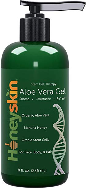 Natural & Organic Aloe Vera Gel - Body & Face Moisturizer for Sensitive Skin with Manuka Honey, Apple & Orchid Stem Cells - Hydrating Gel for Sunburn, Acne, Eczema, Psoriasis & Dry Skin & Scalp (8 oz)