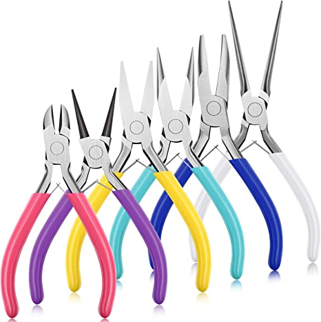 6 Pieces Jewelry Making Pliers Tools Set with Diagonal Nose Pliers, Needle Nose Pliers, Round Nose Pliers, Curved Nose Pliers, Long Nose Pliers, Flat Nose Pliers for DIY Jewelry Tools