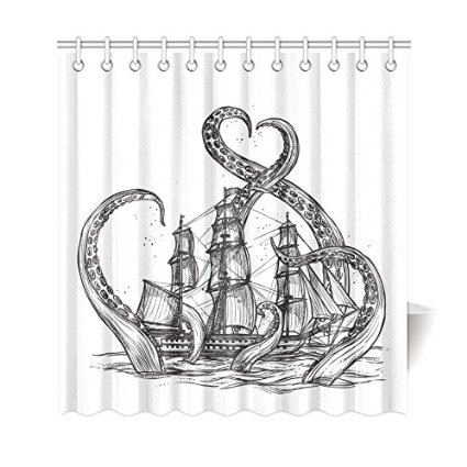 InterestPrint Sea Monster Home Decor, Octopus Pirate Ship Polyester Fabric Shower Curtain Bathroom Sets 69 X 72 Inches