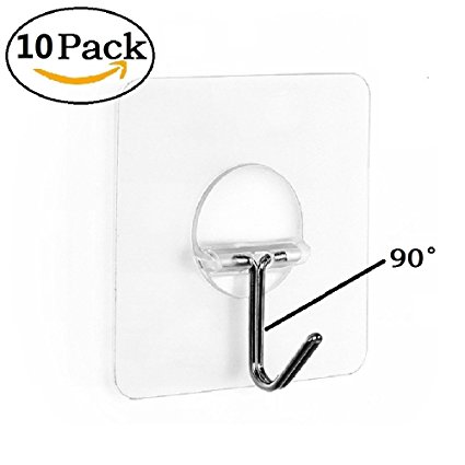 Fealkira 13.2lb/6kg(Max) Nail Free Transparent Reusable Heavy Duty Wall Hooks for Towel Loofah Bathrobe Clothes,No Scratch,Waterproof and Oilproof,Bathroom Kitchen Wall hook & Ceiling Hanger(10pcs)