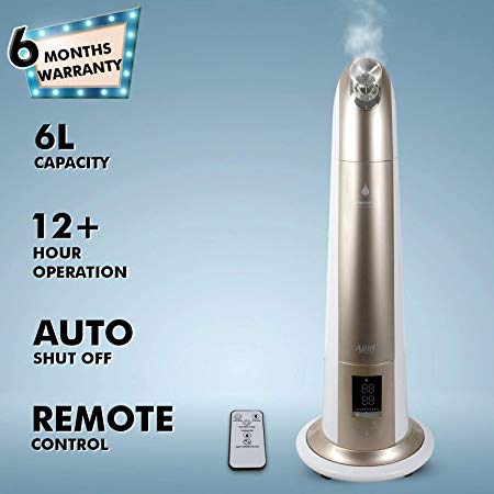 Allin Exporters H-189 Cool Mist Ultrasonic Floor Humidifier, Negative Ion Generator, Air Purifier with LED Display, Remote Control and Timer (Gold, 6 L)