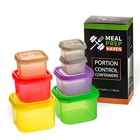 Meal Prep Haven 7 Piece Multi-Colored, Color Coded Portion Control Container Kit with Guide, Leak Proof, BPA Free, 21 Day Planner