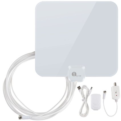 1byone 40 Miles Amplified HDTV Antenna with Detachable Amplifier Booster USB Power Supply to Boost Signal and 16.5ft Coaxial Cable, Shiny White