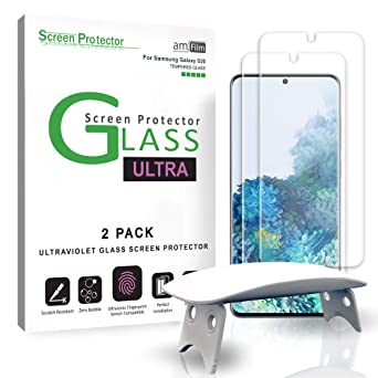 amFilm Ultra Glass Screen Protector for Galaxy S20, (2 Pack) UV Gel Application, Tempered Glass, Compatible with UltraSonic Fingerprint Scanner for Galaxy S20 (2020)