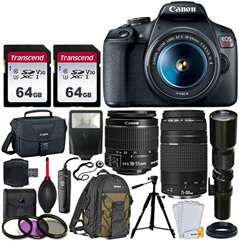 Canon EOS Rebel T7 DSLR Camera   EF-S 18-55mm f/3.5-5.6 IS II   EF 75-300mm f/4-5.6 III Lens   Telephoto 500mm f/8.0 T-Mount Lens (Long)   2x 64GB Memory Card   Canon EOS Bag   Canon Backpack   Tripod
